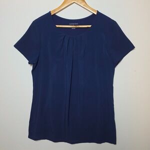 Land's End Women's Navy Blue Crew Neckline Pleated Detailing Chest Blouse Medium
